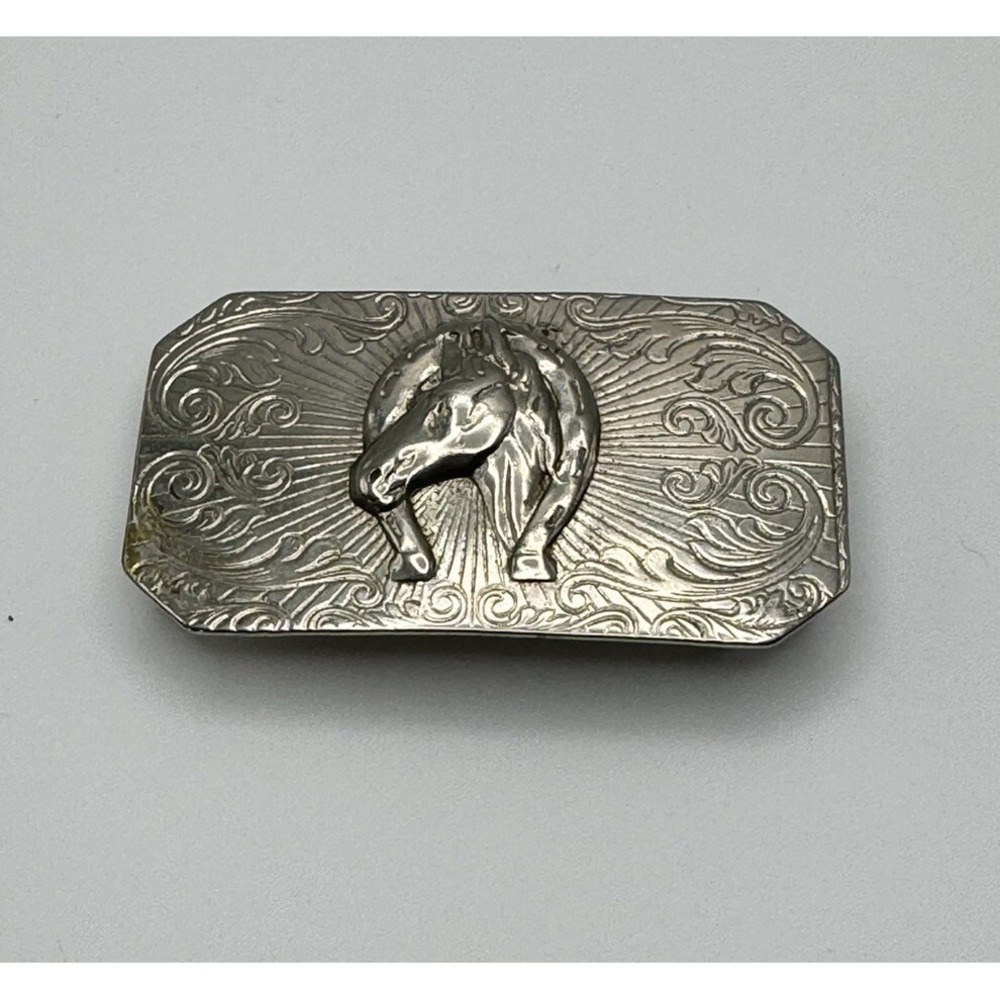 Vintage Silver metal horse belt buckle horseshoe horse head